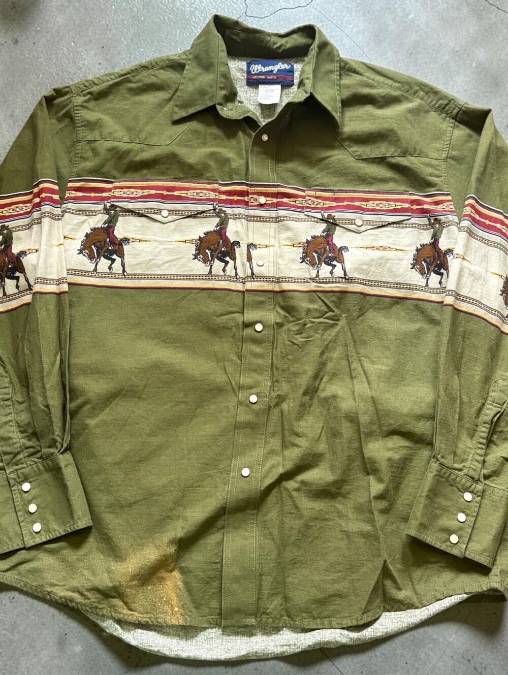 Vintage 90s Wrangler Pearl Snap Western Shirt Cowboy Graphic Size XL Green
